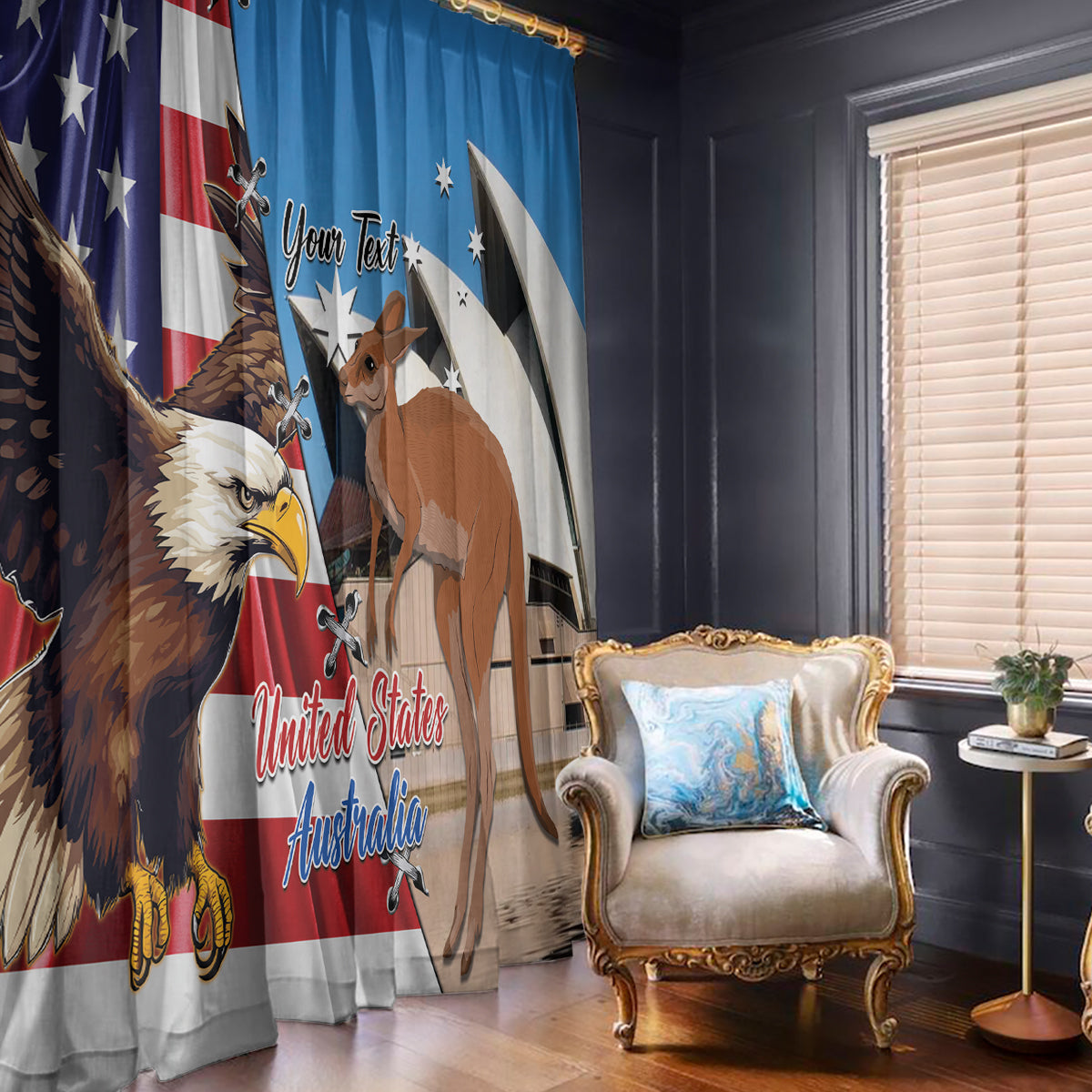 Blue window curtain panels with eagle and kangaroo design, showing decorative hooks.
