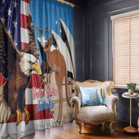 Blue window curtain panels with eagle and kangaroo design, showing decorative hooks.
