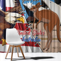 Close-up of blue window curtain fabric with eagle, kangaroo, and bold red script text.
