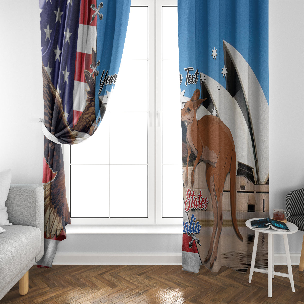 Blue window curtain panels with eagle and kangaroo graphics beside a window.