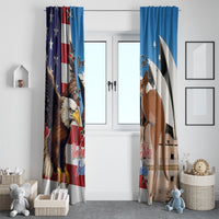 Blue window curtain pair with US and Australia prints, featuring eagle and kangaroo.