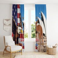 Blue window curtain pair with US and Australia graphics, eagle and kangaroo designs.