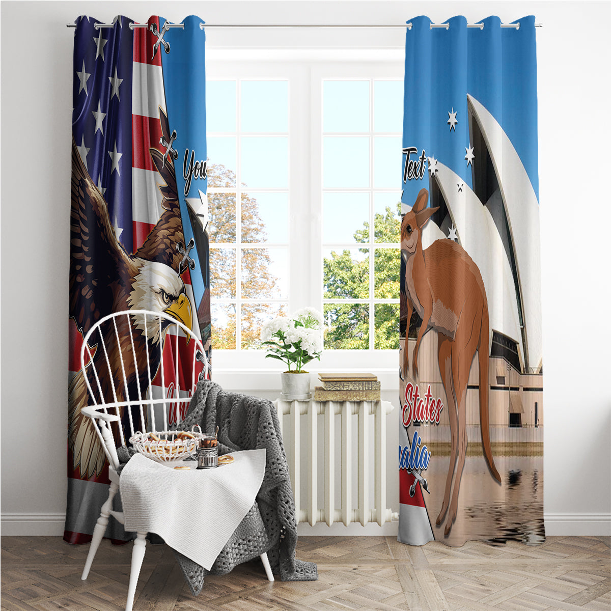 Blue window curtain pair with eagle and kangaroo themed artwork, hanging from top.