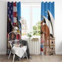 Blue window curtain pair with eagle and kangaroo themed artwork, hanging from top.