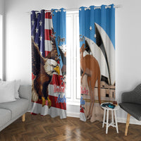 Blue window curtains with grommet tops and US/Australia eagle and kangaroo prints.