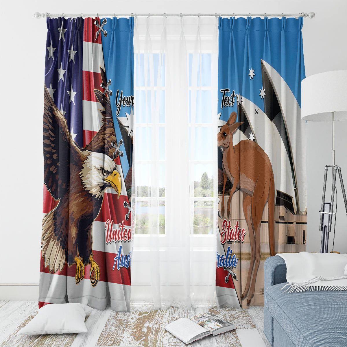 Blue window curtain pair with US/Australia eagle and kangaroo artwork, grommets on top.