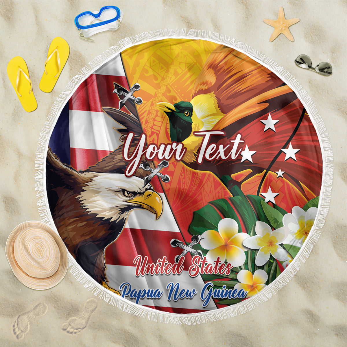 Personalized round beach blanket with eagle and flags, red backdrop, floral accents