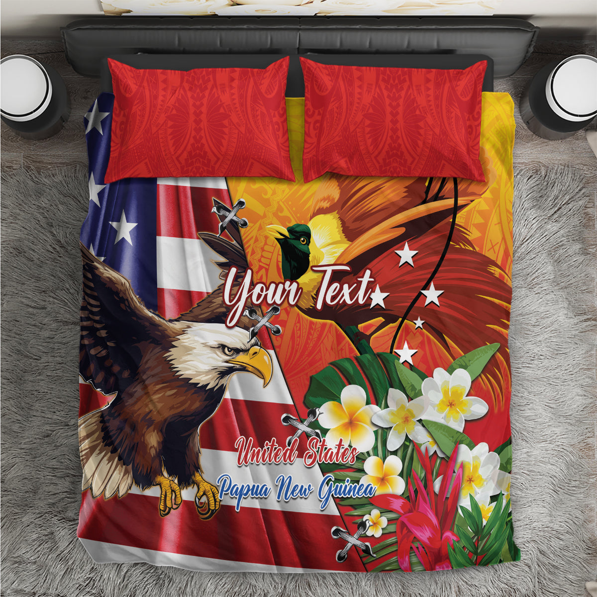 Red bedding set with eagle and flowers, custom text, plus two red pillowcases