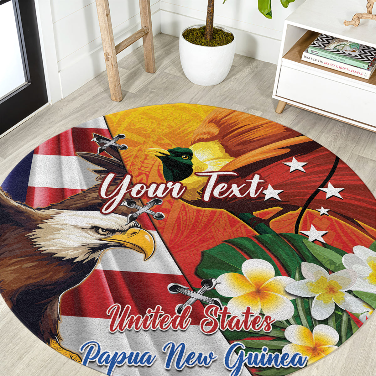 Round red circular rug with eagle, bird of paradise, stars, and custom 'Your Text'.