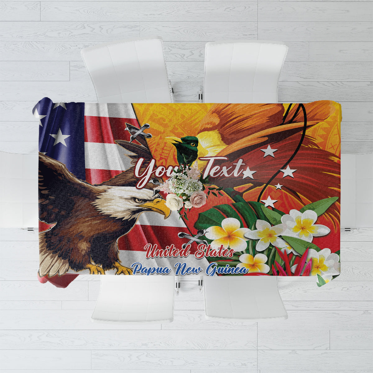 Red tablecloth with eagle and tropical flowers pattern, custom text area in center