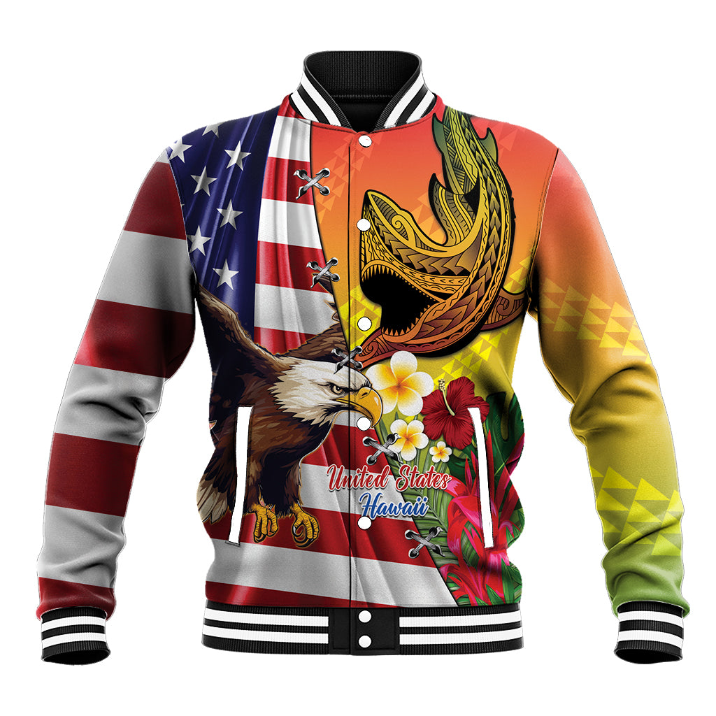 Red varsity baseball jacket with eagle and USA/Hawaii flag graphic, ribbed cuffs