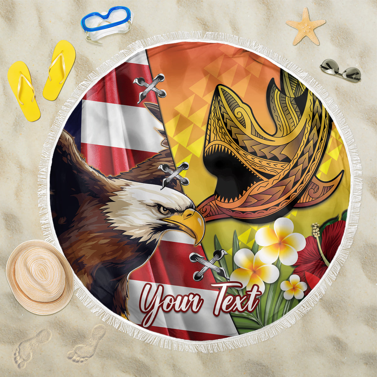 Personalized circular beach blanket showing eagle, Hawaiian shark tattoo, “Your Text”, white fringe