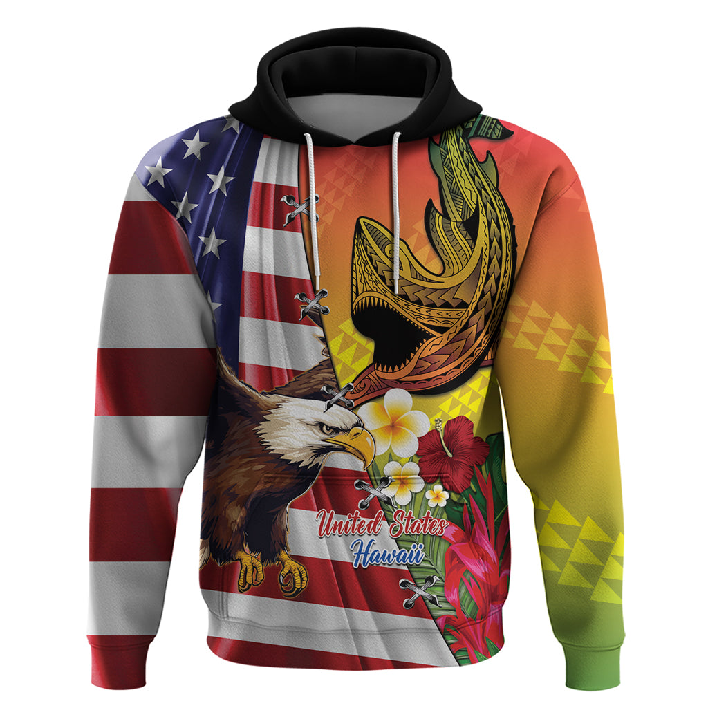 Personalised United States And Hawaii Hoodie USA Eagle With Hawaiian Shark Tattoo - Wonder Print Shop