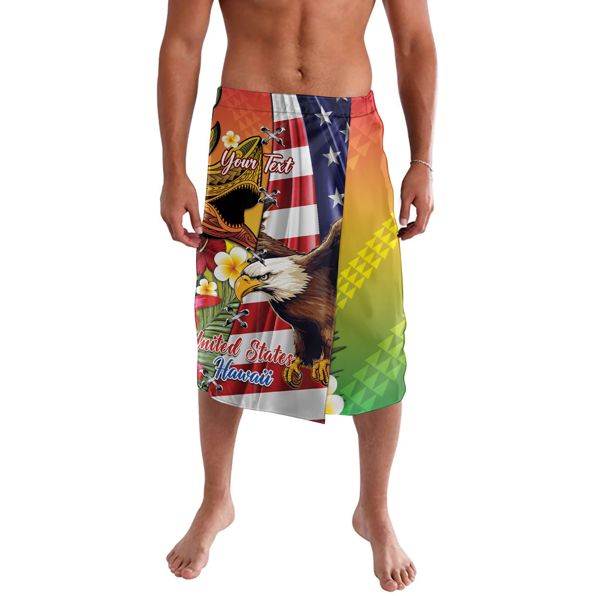 Red multicolor tropical swim shorts with eagle and shark tattoo graphic