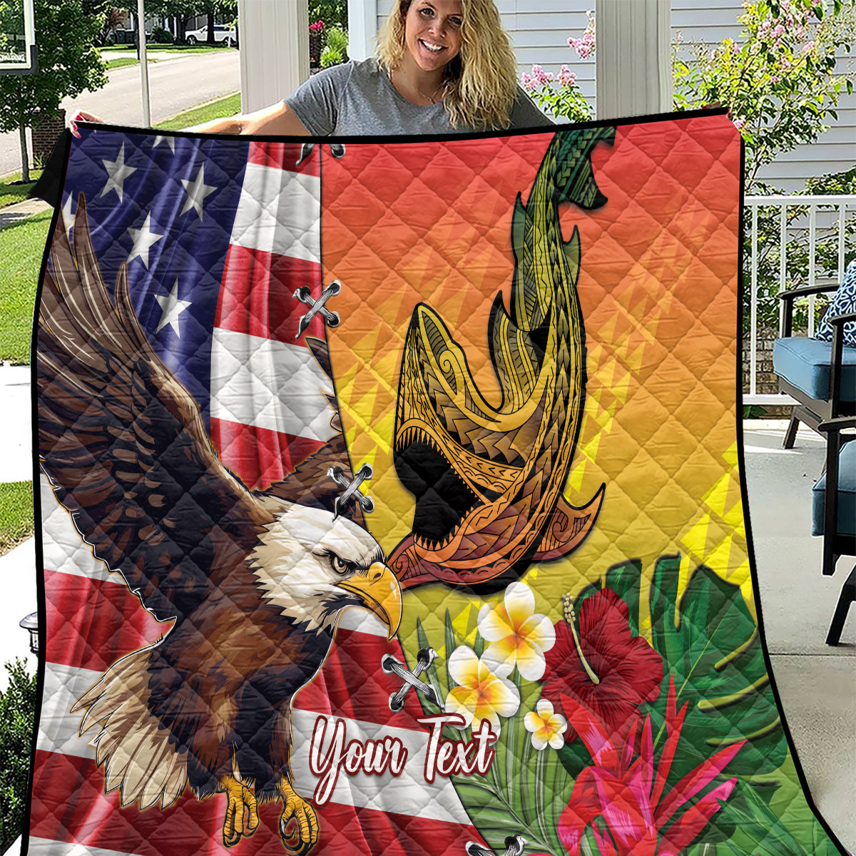 Red quilt with quilted U.S. flag, eagle and Hawaiian shark tattoo design, custom text