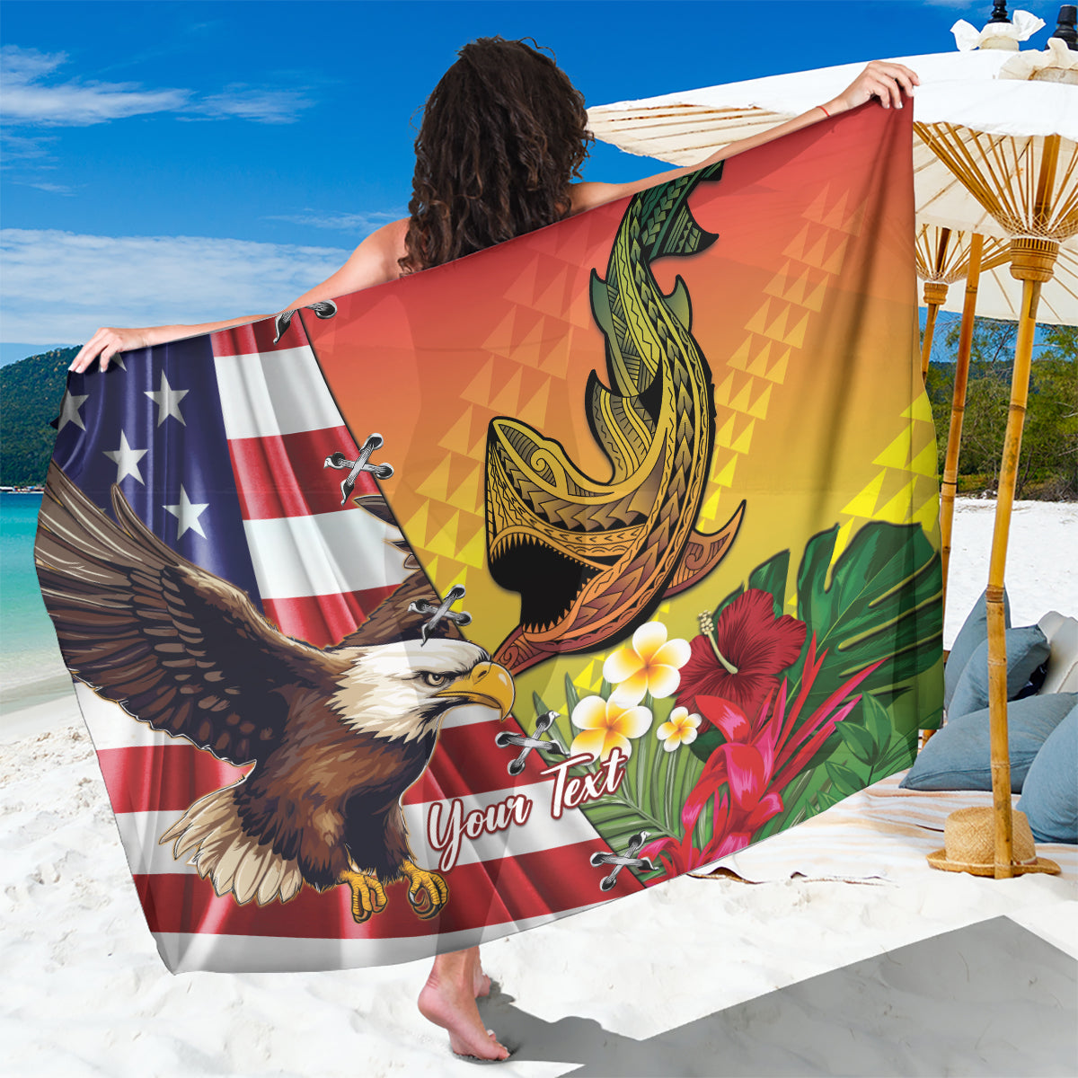 Red sarong with US eagle and Hawaiian shark tattoo, personalized text print