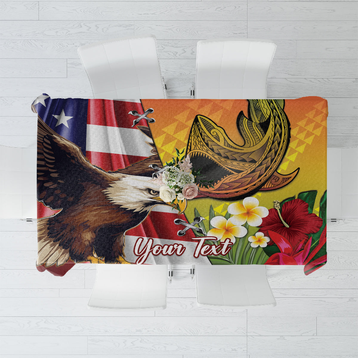 Red tablecloth with bald eagle, Hawaiian shark graphic, and 'Your Text' center panel