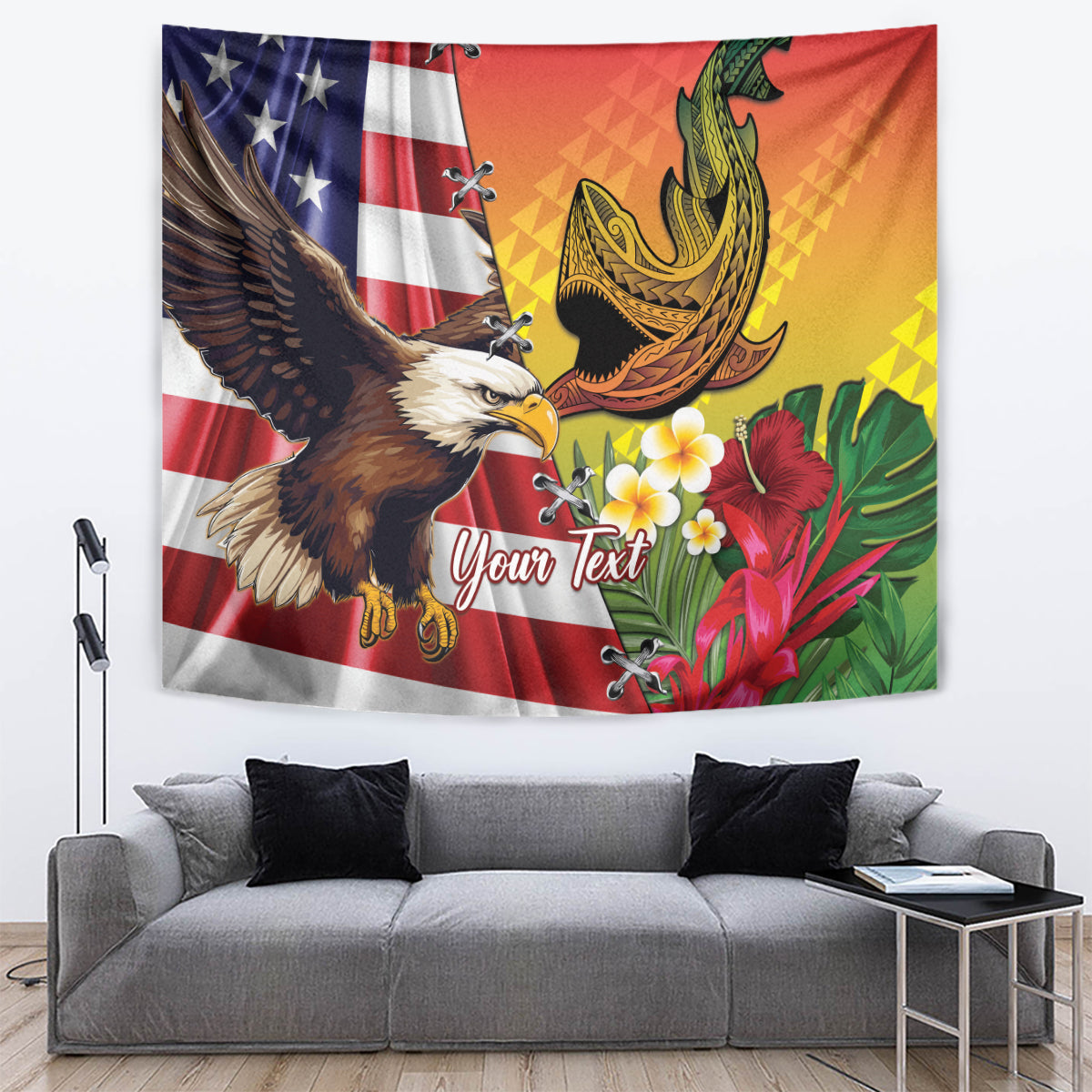 Personalized red tapestry featuring eagle and Hawaiian shark tattoo with floral accents.