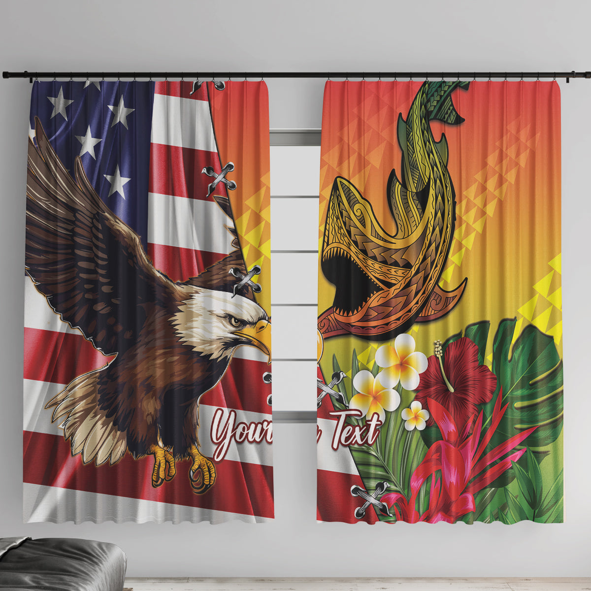 Window curtain set close-up with eagle and tropical shark tattoo graphics on both panels.