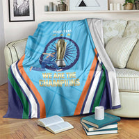 Blue cricket championship throw blanket with multicolor stripes and trophy graphic