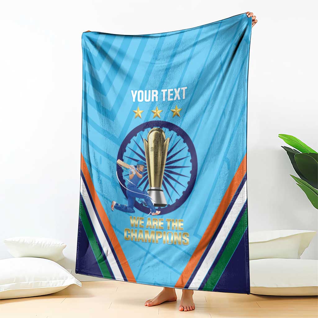 Blue cricket throw blanket with central trophy, stars, and striped border