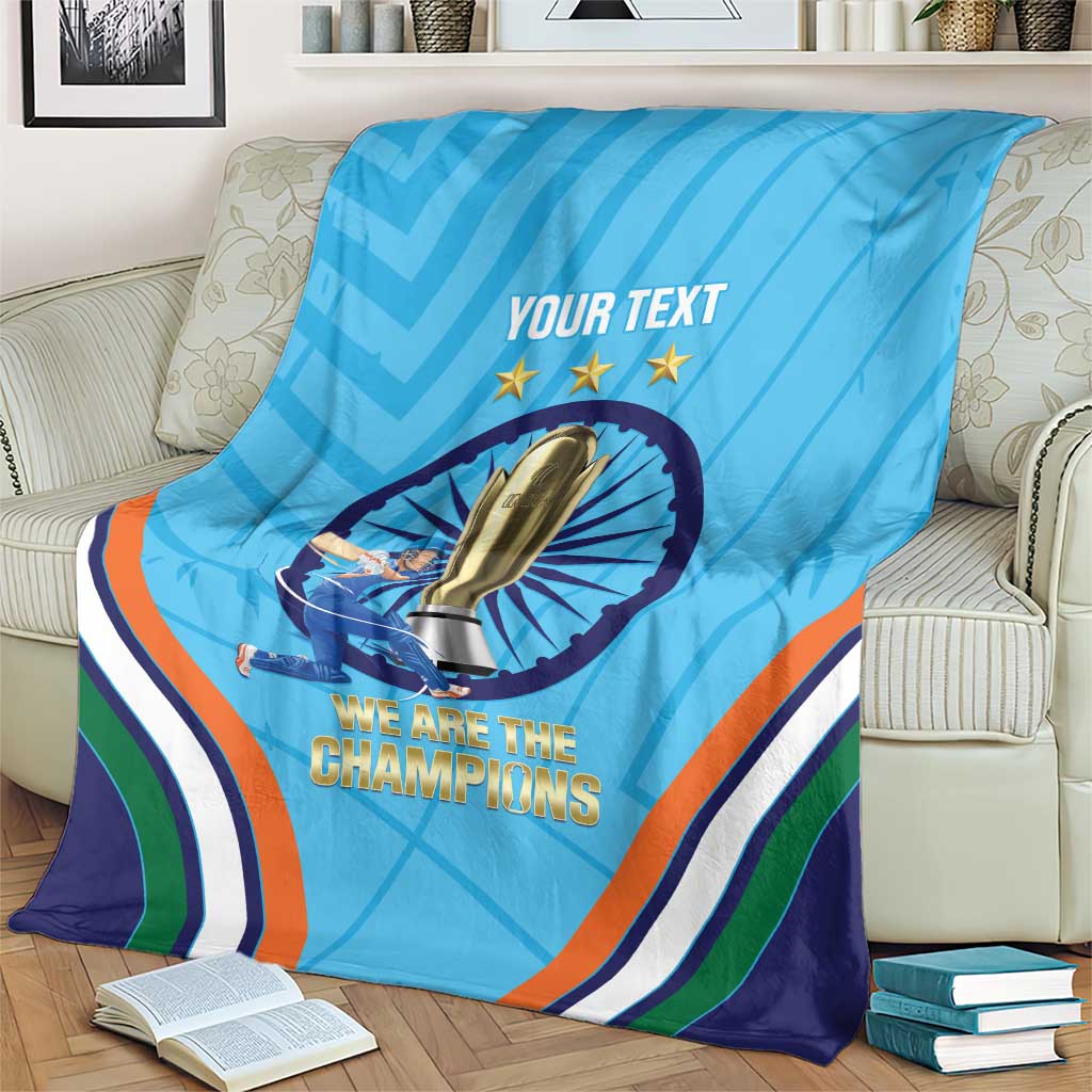 Blue cricket throw blanket with trophy graphic, stars, and bold multicolor stripes