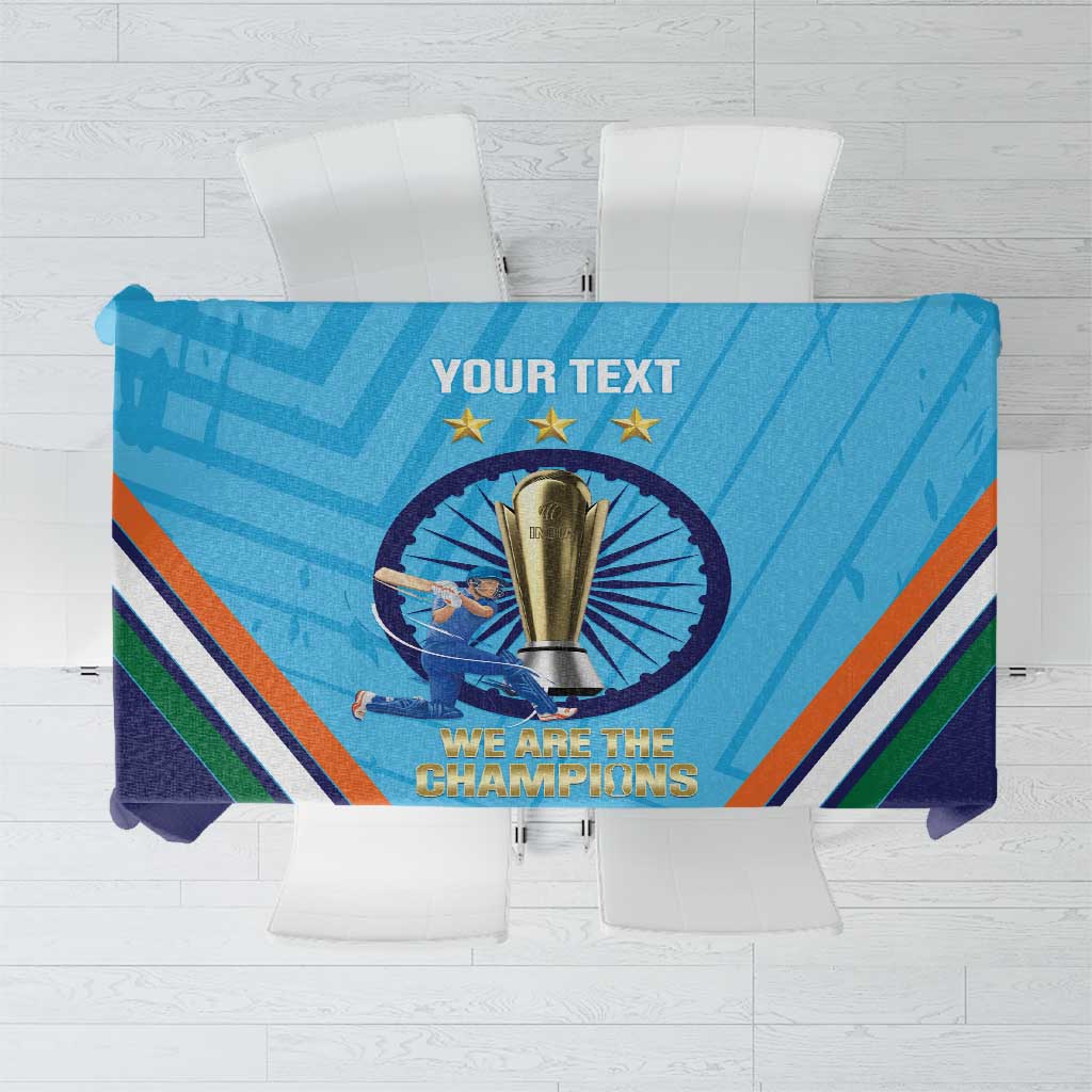 Blue sports tablecloth with trophy emblem, gold stars, and striped accents
