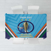 Blue sports tablecloth with trophy emblem, gold stars, and striped accents