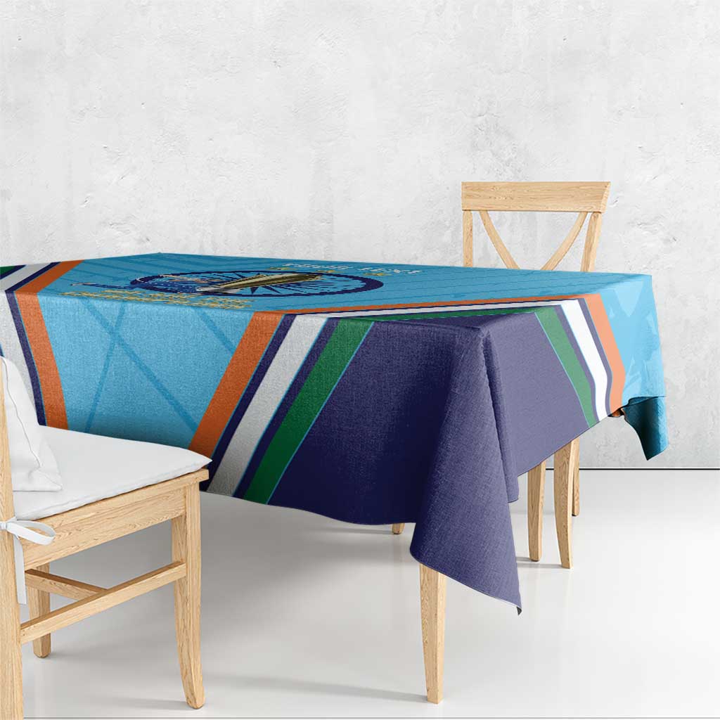 Blue tablecloth with multicolor striped design and trophy banner motif