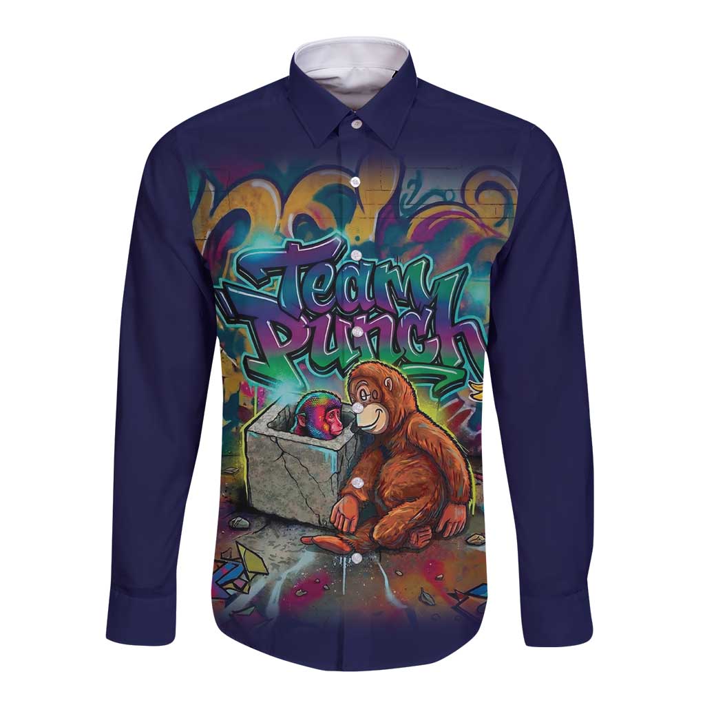 Team Punch The Monkey Long Sleeve Button Shirt Baby Monkey Stay Strong Graffiti Style
