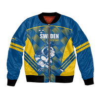 Blue unisex bomber jacket with full-zip front, ribbed trim, Sweden moose graphic