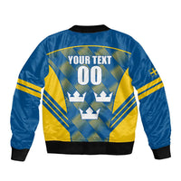 Blue bomber jacket with full-zip, ribbed cuffs, back graphic with YOUR TEXT and 00