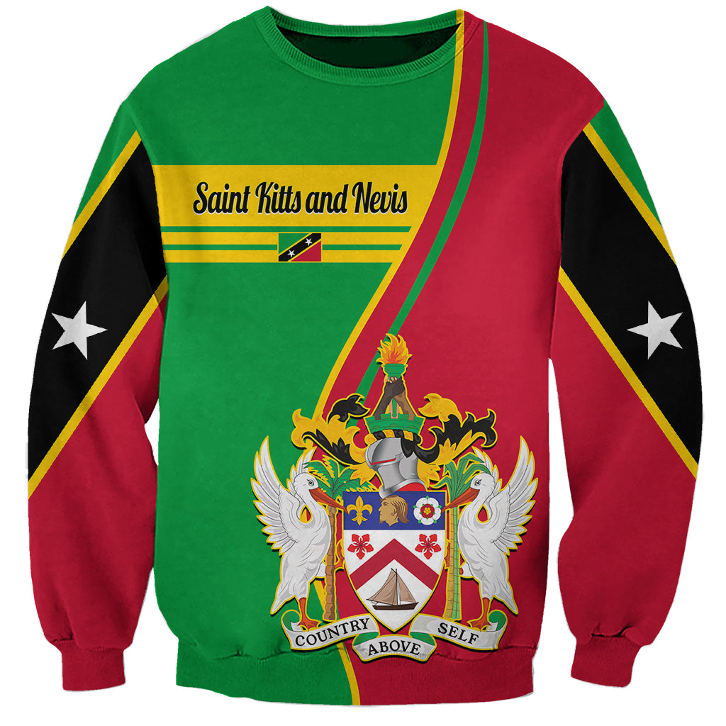 Crewneck sweatshirt coat with Saint Kitts and Nevis crest, green front and red/black sleeves.