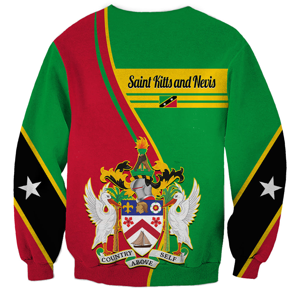 Crewneck sweatshirt coat with Saint Kitts and Nevis crest, green back with red stripe and black stars.