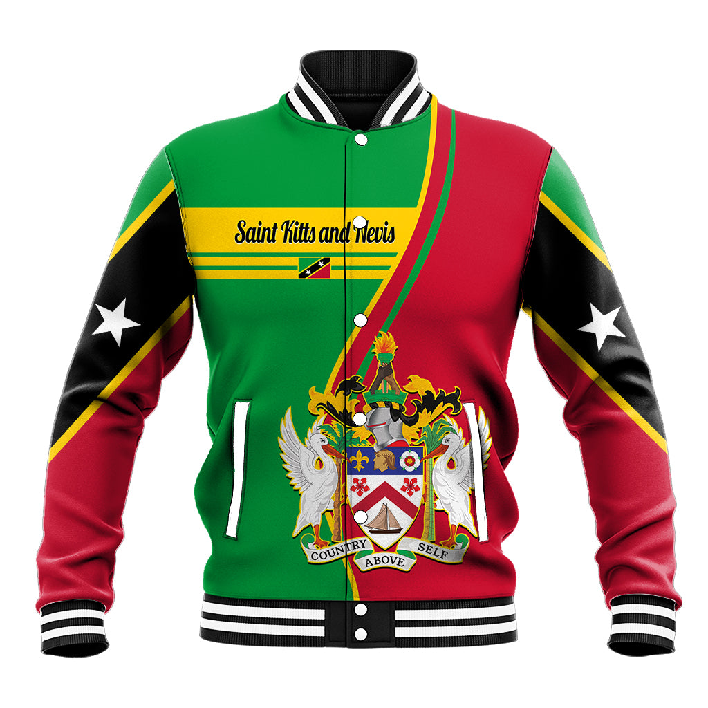 Green, red and black varsity baseball jacket with striped collar and front crest patch