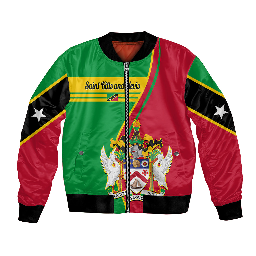 Personalised bomber jacket with front zipper, green/red panels and Saint Kitts & Nevis crest