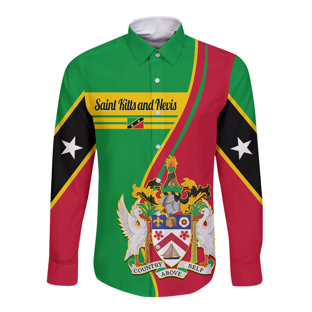 Green long-sleeve button shirt with crest graphic and open collar