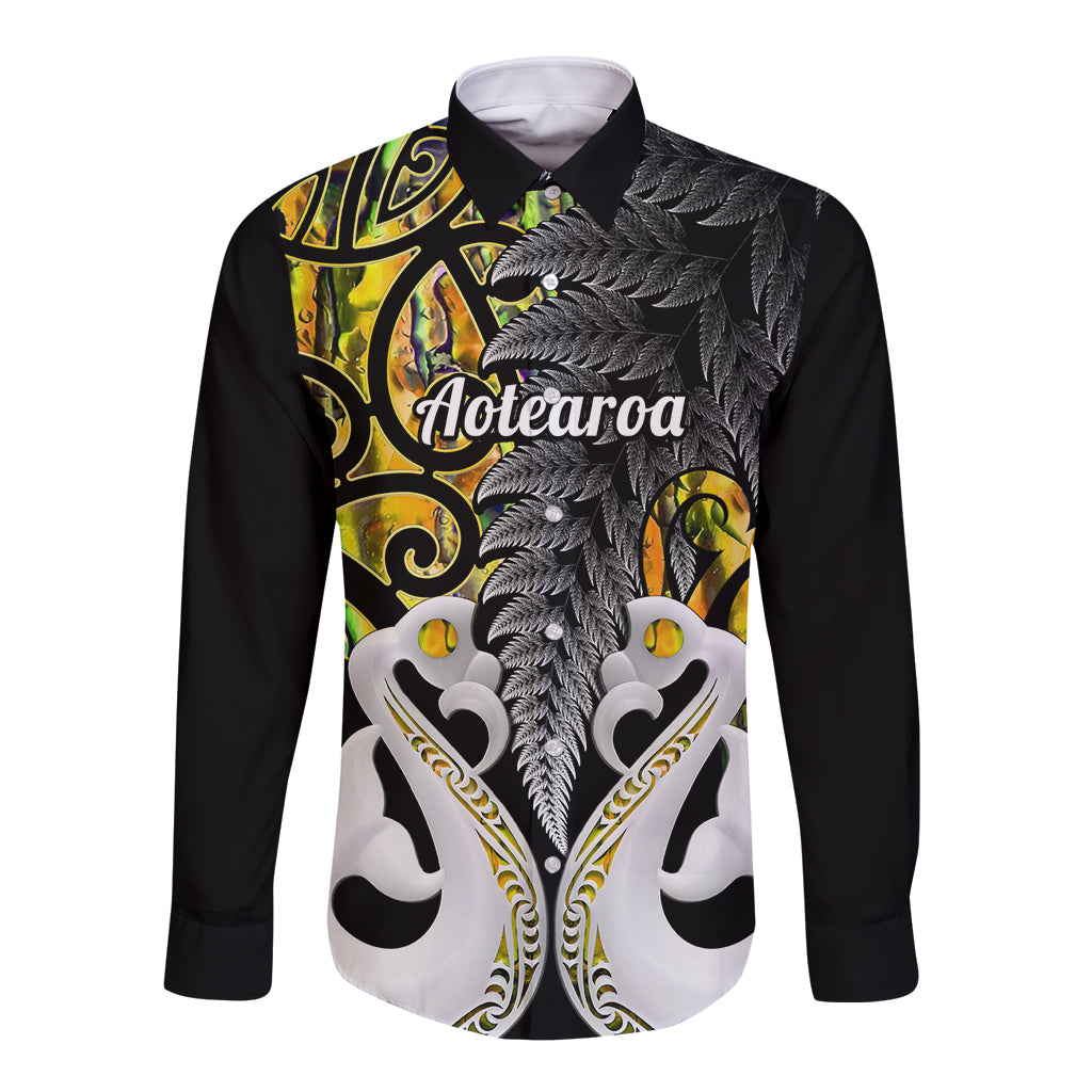 Black long sleeve button shirt with gold tribal fern and white bird motifs