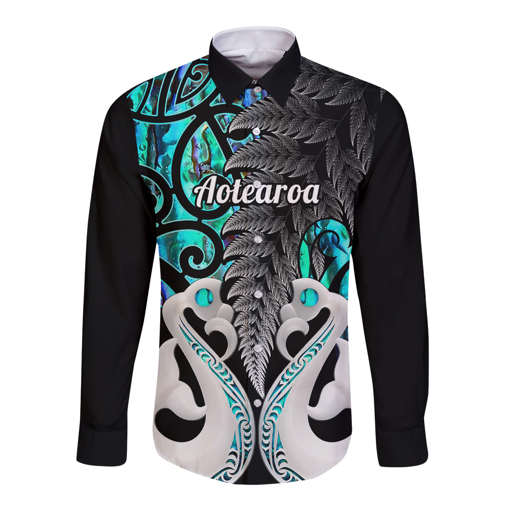 Long sleeve button shirt, turquoise and black fern tribal front print