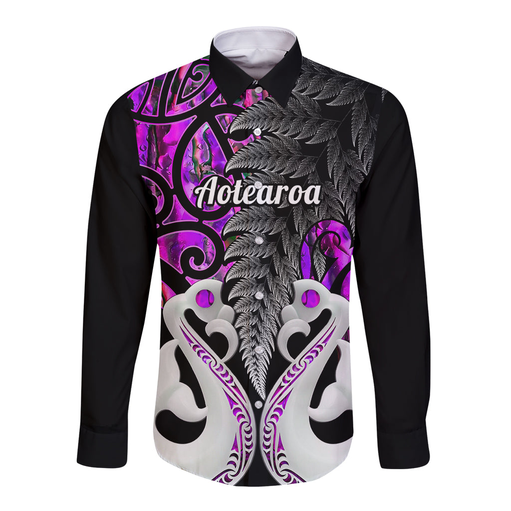 Long sleeve button shirt, black with purple tribal graphic and fern-style print panel