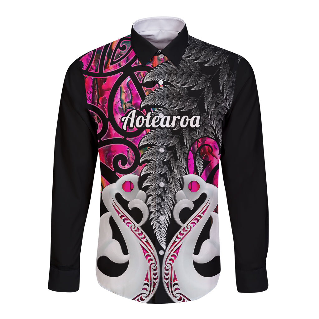 Long-sleeve button shirt with front Maori-style fern and pink tribal print, black base
