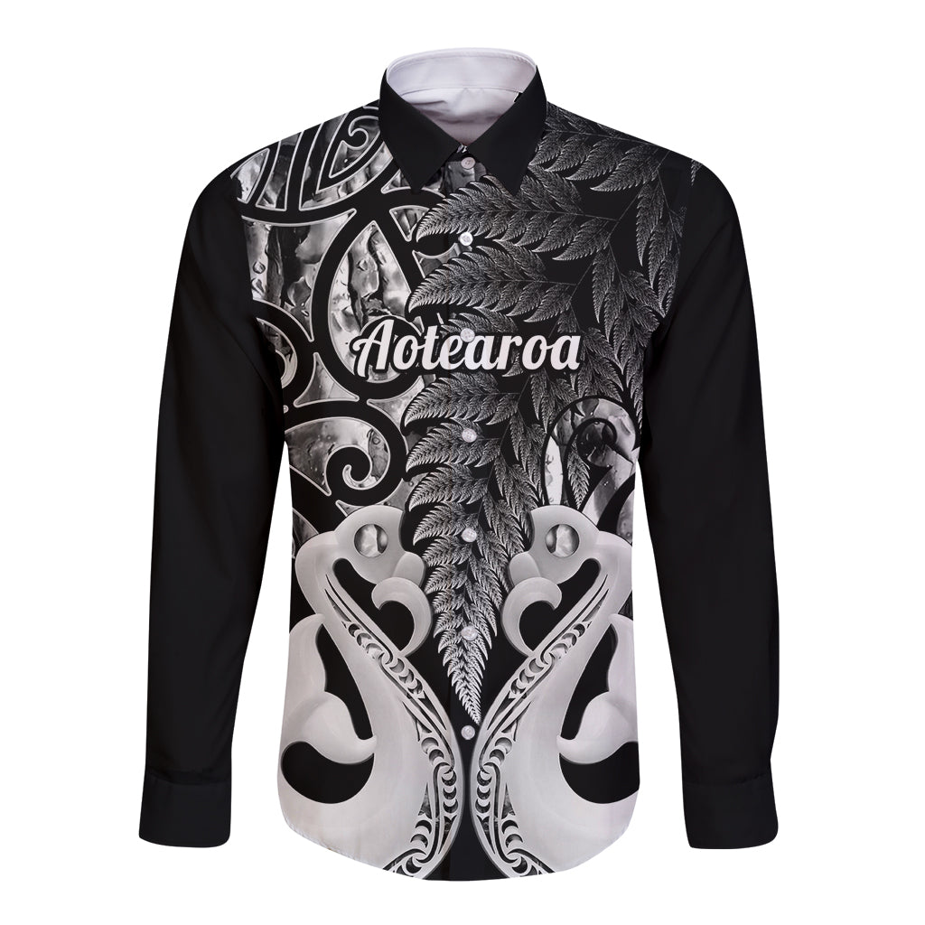 Black long-sleeve button-up shirt with white tribal fern and 'Hotearoa' graphic