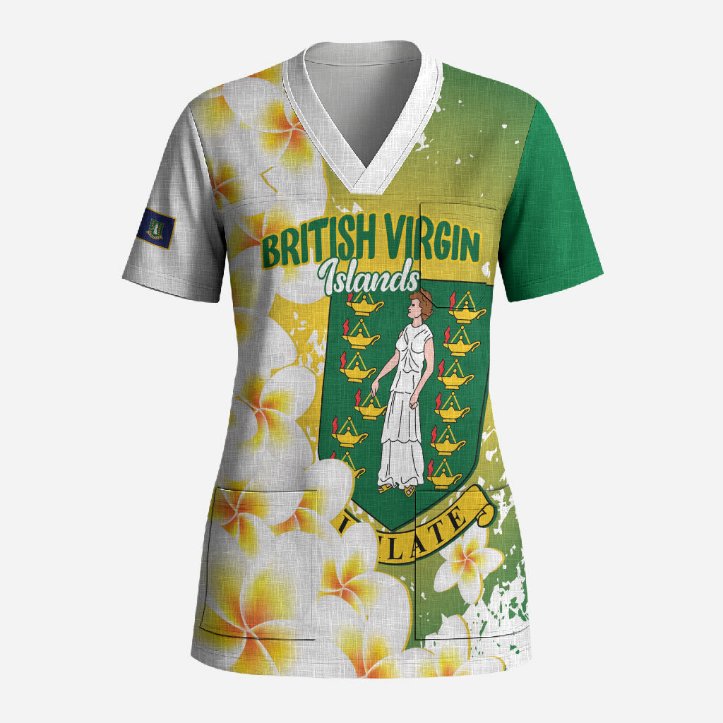 British Virgin Islands Day Personalised Scrub Top Vigilate Plumeria Alba Coat Of Arms