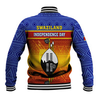 Blue baseball jacket back with SWAZILAND and INDEPENDENCE DAY text, shield with football