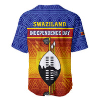 Blue baseball jersey, back view: SWAZILAND and INDEPENDENCE DAY with shield graphic