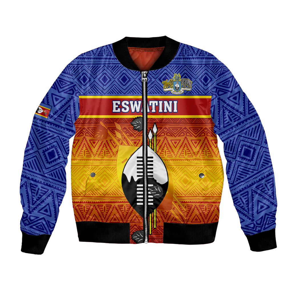 Blue bomber jacket with ribbed cuffs, front zip, and Eswatini shield graphic, African pattern