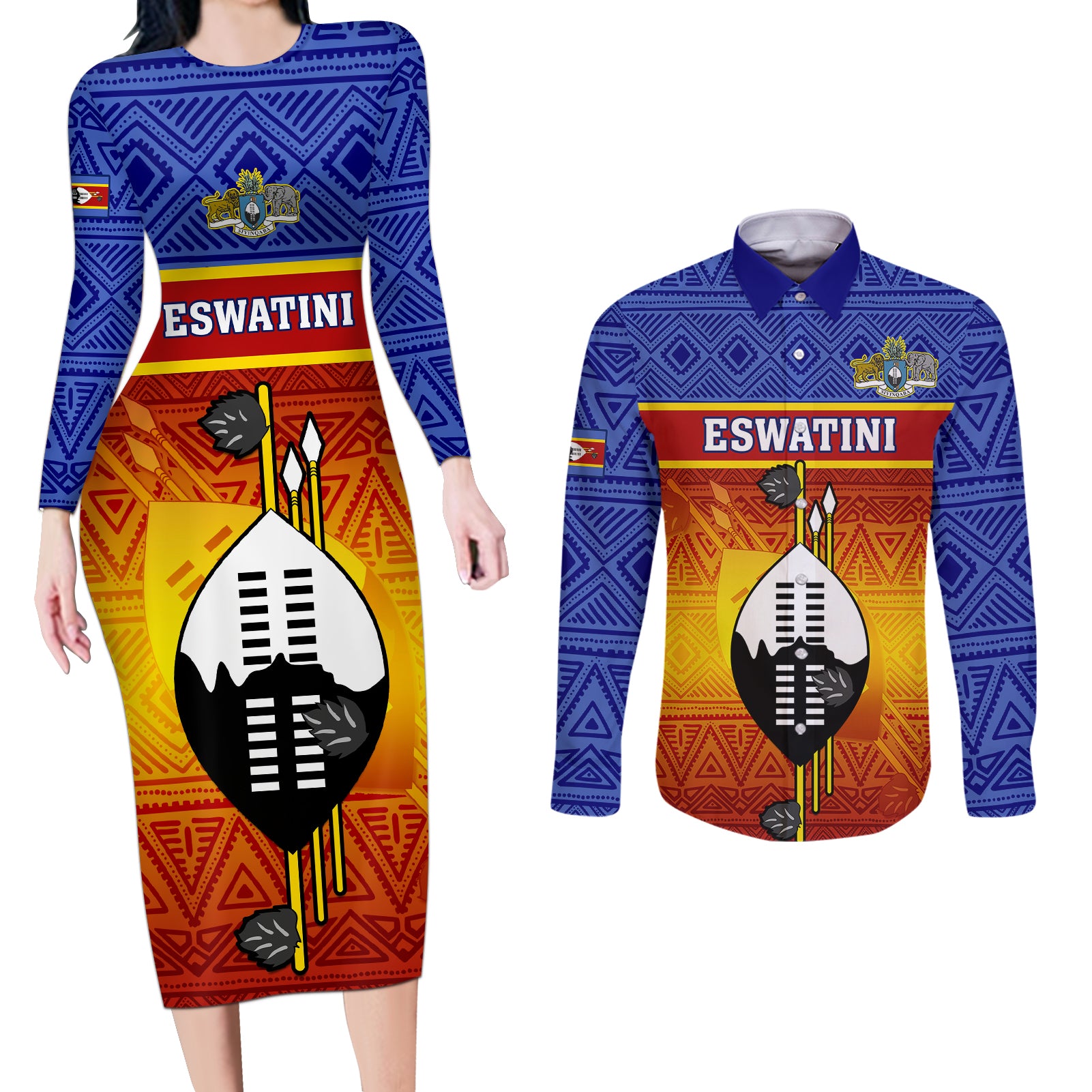 Eswatini Independence Day Couples Matching Long Sleeve Bodycon Dress and Long Sleeve Button Shirts Swaziland Nguni Shield Gradient African Pattern - Wonder Print Shop