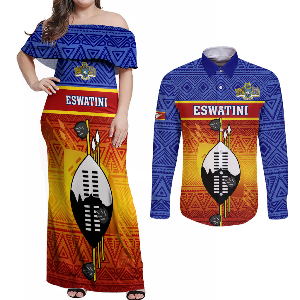 Eswatini Independence Day Couples Matching Off Shoulder Maxi Dress and Long Sleeve Button Shirts Swaziland Nguni Shield Gradient African Pattern - Wonder Print Shop