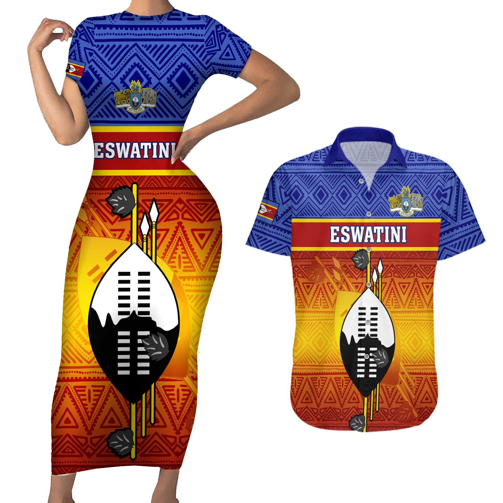 Eswatini Independence Day Couples Matching Short Sleeve Bodycon Dress and Hawaiian Shirt Swaziland Nguni Shield Gradient African Pattern - Wonder Print Shop