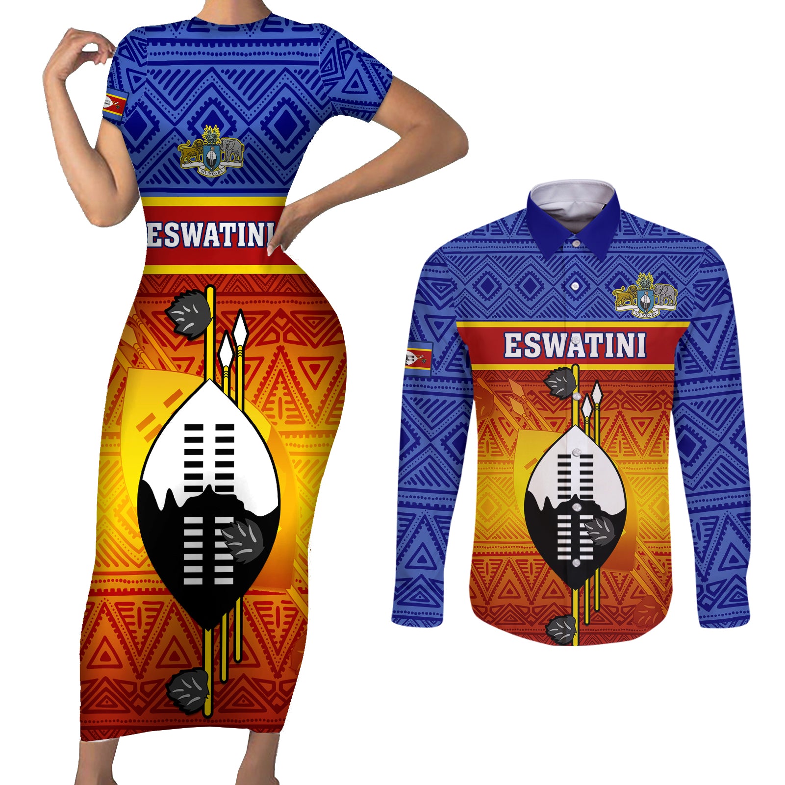 Eswatini Independence Day Couples Matching Short Sleeve Bodycon Dress and Long Sleeve Button Shirts Swaziland Nguni Shield Gradient African Pattern - Wonder Print Shop